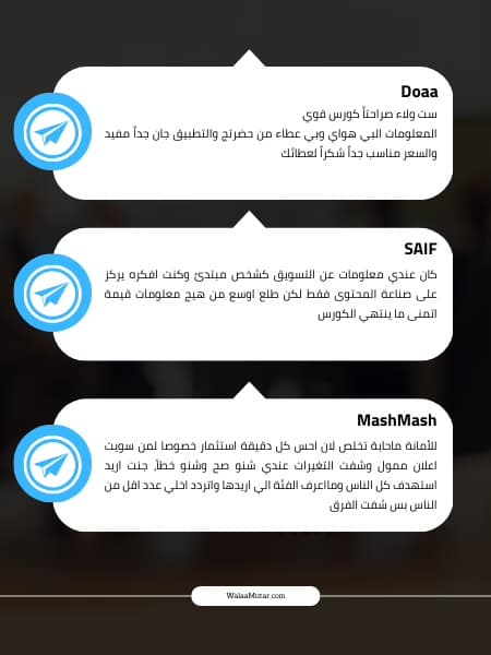 Telegram messages from Doaa, Saif and MashMash about the marketing course