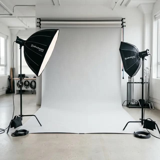 A photography studio lit with softboxes in front of a white paper backdrop